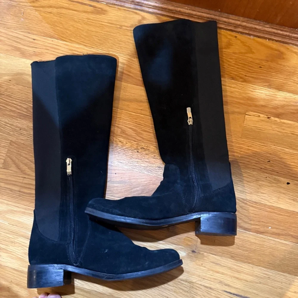 Vince Camuto Vacilla Black Suede Tall‎ Boots Gold Button Detail 7.5M 37.5